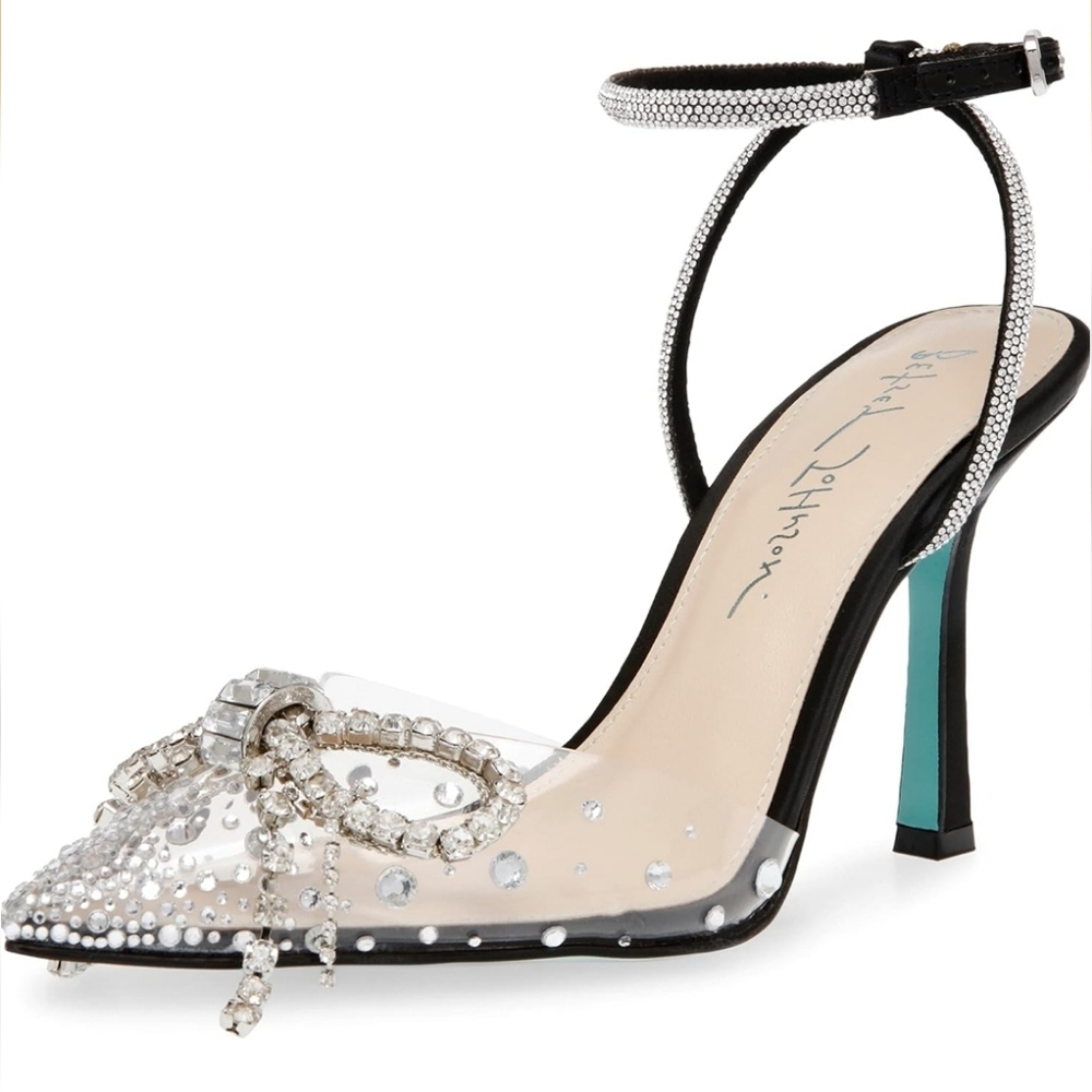 NIB Betsey Johnson SB-DREA Black Rhinestone Bow Pump Clear Pointed Toe Heels 6M